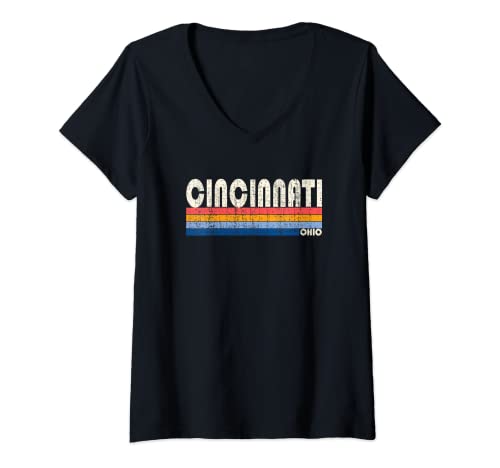 Womens Vintage Retro 70s 80s Style Hometown of Cincinnati, OH V-Neck T-Shirt