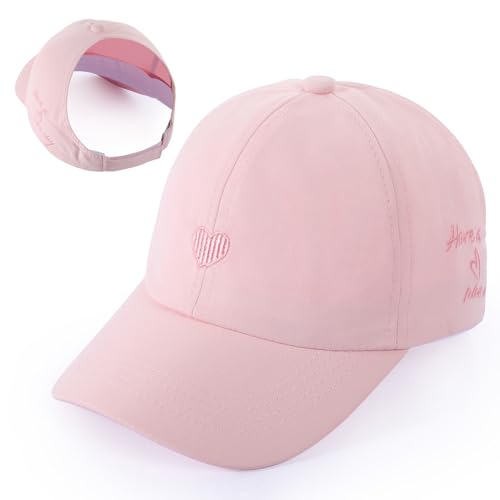 Girls Backless Baseball Cap Ponytail Hat, Love Heart Embroidered Baseball Hat Natural Curly Hair Caps for 3-8 Years