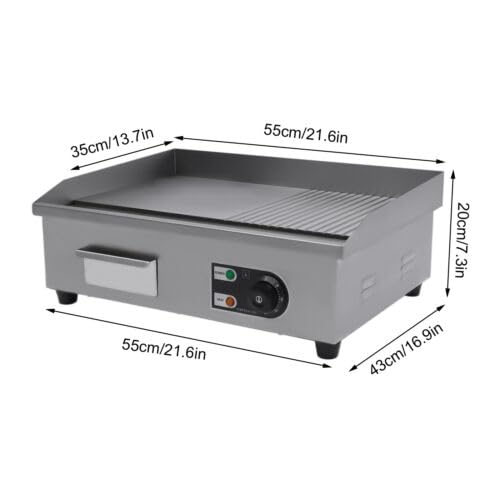 Commercial Electric Griddle Countertop Flat Top Half Grooved/Flat Non-Stick Restaurant Teppanyaki Grill Adjustable Temperature Control 122°F-572°F Tabletop Hot Plate Bbq Cooking Camping Grooved Combo
