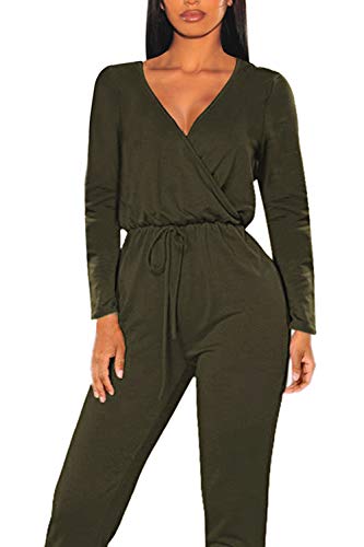 Fixmatti Women Long Sleeve V Neck 1PC Drawstring Jumpsuit Outfit Army Green S