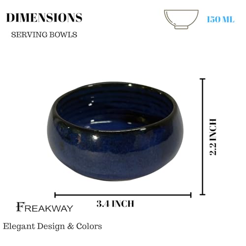 Image of Freakway Ocean Blue Handcrafted Ceramic Serving Bowls, Set of 4, 160 ML Capacity, Studio Pottery