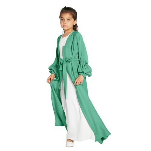 Kids Girls Abaya Muslim Long Sleeve Snap Front Maxi Dress with Belt Robe Kimono Dubai Hijab Dress