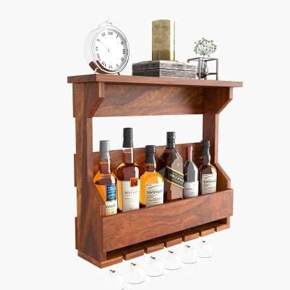 GOKUL ART Solid Sheesham Wood Bar Cabinet – Wooden Liquor Cabinet with Storage for Home, Bar & Hotel – Premium Mini Bar Unit with Shelves & Wine Rack – Natural Finish 2