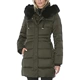 T Tahari Women's Fitted Puffer Jacket with Bib and Faux Fur Trimmed Hood, Olive, Medium