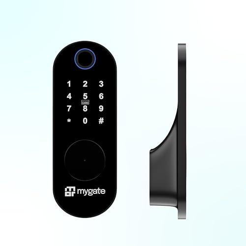 Image of Mygate Smart Lock Edge | Digital Rim Lock for Wooden & Metal Doors | 20-65mm Thickness | 6-in-1 Unlock - Fingerprint, PIN, RFID, App, OTP & Manual Key | Remote Unlock via OTP | 2-Year Brand Warranty