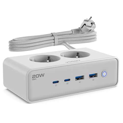 VOOMY Regletas Enchufes con 20W USB-C Carga Rápida, Regleta Enchufes con USB (2 USB-C y 2 USB-A), Alargador Enchufe con 2 Tomas, Enchufe multiple con Interruptor, proteccion sobretension y Cable de 2m