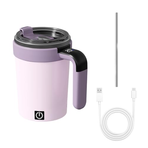 MiOYOOW Selbstrührender Kaffeebecher, Magnetischer Automatische Mischen Kaffeetasse mit Deckel und Strohhalm, Temperaturanzeige, 380ml Reise Kaffeebecher für Zuhause, Auf Reisen und Im Büro