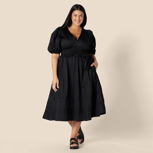 Amazon Essentials Women's Fit and Flare Cotton Sateen Puff Sleeve Midi Dress, V-Neck, Black, L - Image 6
