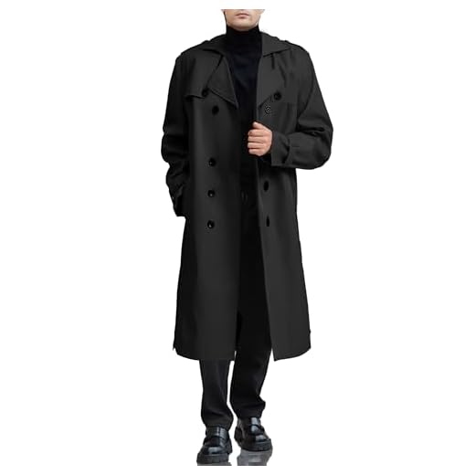 Botten Men's Double-Breasted Trench Coat - Long Jacket Overcoat-Oversized Casual Windbreaker with Lapel-BLACK