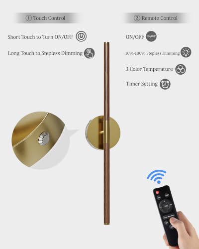 Image of 40 inch Battery Operated Wall Sconce Set of 2, 350 Rotating Lamp, Walnut Gold | Wireless, 8000mAh Rechargeable Battery, Stepless Dimming, 3000K-6000K, Remote & Touch Control, Timer, Living Room, Bedroom