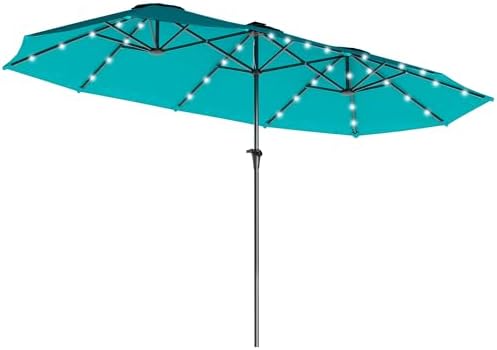 Outsunny 13ft Large Patio Umbrella with Solar Lights, Rectangular Double-Sided Outdoor Market Umbrella with Crank Handle and 48 LED Lights for Garden, Pool and Backyard, UPF 30+, Blue