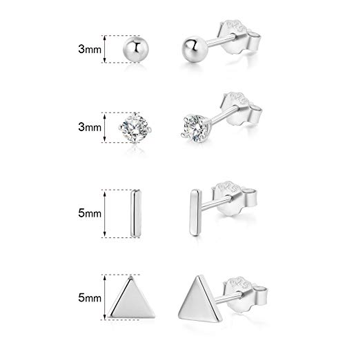 Sterling Silver Stud Earrings - 4 Pairs Small Silver Ball Earrings Triangle Stud Earrings Round CZ Earrings Bar Earrings Set Hypoallergenic Cartilage Tragus Earrings(3mm2&5mm2)3