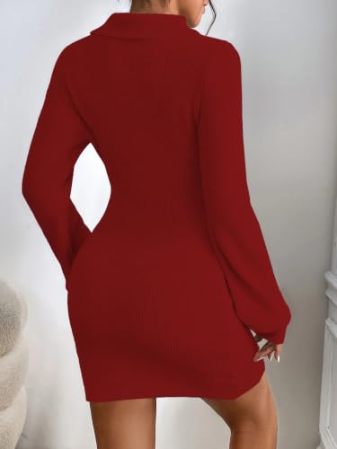 Image of Turtleneck Sweater Dress for Women Lantern Sleeve Mini Bodycon Ribbed Knit Sweater Pullover Short Dresses XS-XXL