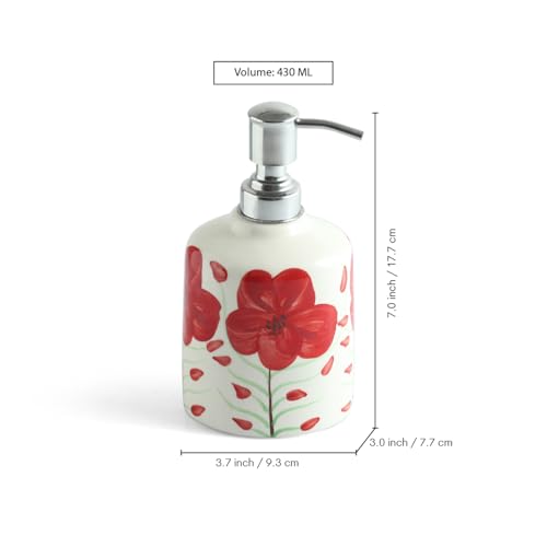 Image of ExclusiveLane 'Scarlet Bloom' Ceramic Soap Dispenser Set for Bathroom Wash Basin Bathroom Accessories Set of 3 (Liquid Soap Dispenser, Toothbrush Holder, Soap Tray Holder, Hand-Painted)