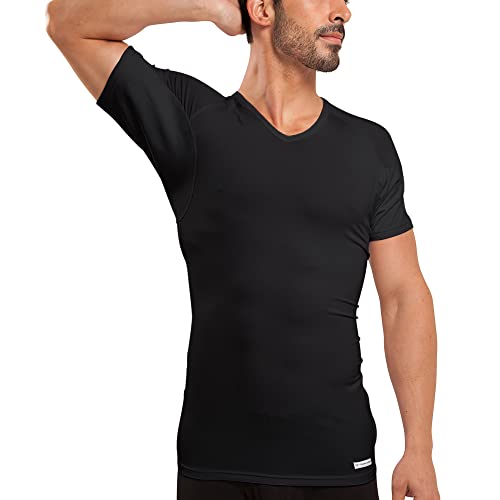 Ejis Men's Sweat Proof Undershirt, V Neck, Anti-Odor Silver, Micro Modal, Sweat Pads (Medium, Black)