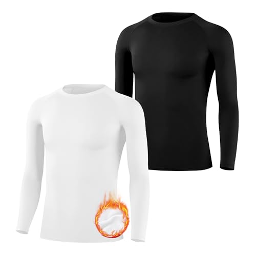 BIG ELEPHANT 2 Pack Youth Boys Compression Thermal Shirt Fleece Lined Base Layer Long Sleeve Athletic Baseball Undershirt