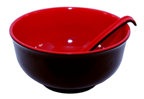 Calvin & Co Set Of 4 Melamine Miso Soup Cereal Bowls And Spoons 6.5 Inches (Large, Red & Black) #TOP2