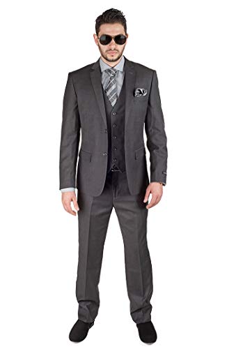 Slim Fit 3 Piece Vested Solid Dark Charcoal Grey Suit 2 Button Notch Lapel AZAR4