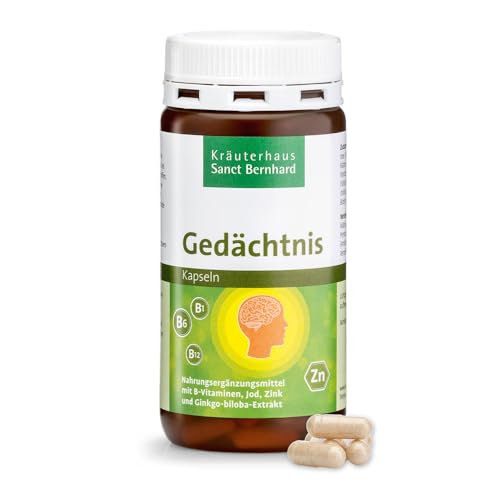 Sanct Bernhard Gedächtnis-Kapseln | 50mg Ginkgo-biloba-Spezialextrakt pro Kapsel | Mit Vitamin-B-Komplex, Biotin, Jod & Zink | 180 Kapseln