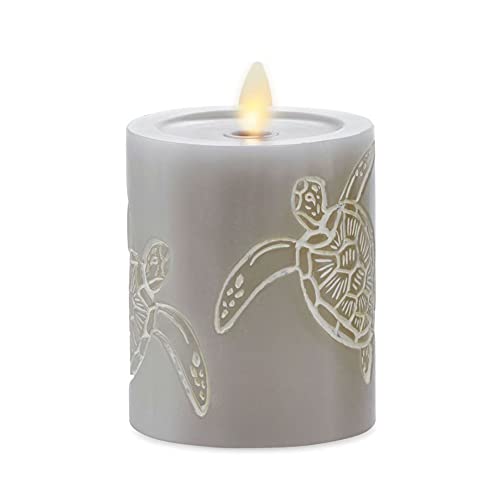Image of Luminara Grey Flameless LED Candle with Debossed Sea Turtle Moving Flame Pillar (3 inch x 4.5 inch), Unscented Real Wax with Recessed Edge, Battery Operated Candle Lights