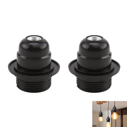2 PCS E27 Lamp Holder, Edison Screw Lamp Holder, Black Bakelite Lamp Fitting with Shade Ring, 10mm Threaded Entry, Safety Lock, DIY Table Lamp Pendant Fitting for Vintage Retro LED & Halogen Bulbs