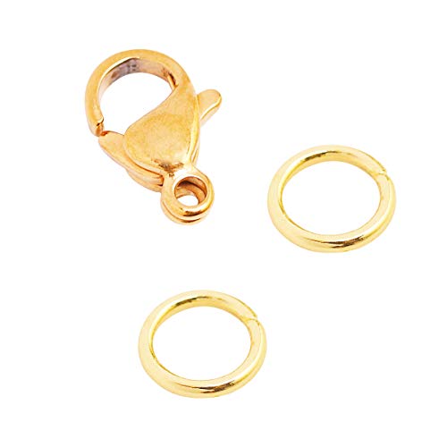50 PCS 9mm 18K Gold Stainless Steel Lobster Clasps and 200 PCS 4mm Open Jump Rings Set Jewelry Making Findings (Gold, Clasps: 9x6 mm, Jump Ring: 4 mm Diameter)