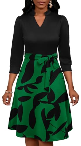 Image of PerZeal Women's Casual Flowy A-Line Midi Dress Flared V-Neck Colorblock Print for Wedding Guest 3 /4 Sleeve Dress with Belt