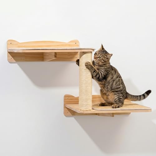 Cat Wall Shelves 2-Tier Cat Shelves with Sisal Scratching Post Sisal Mat Solid Pine Wood Wall Mounted Cat Climbing Furniture Modular Design