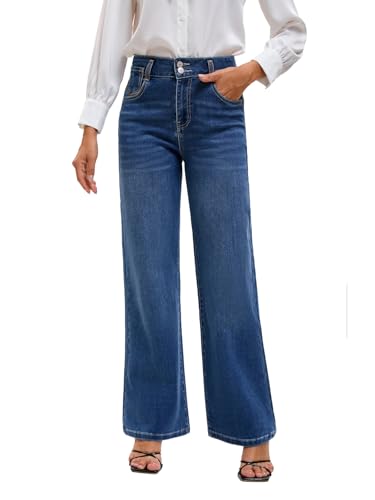 Women's High Waisted Wide Leg Jeans - Stretchy Tummy Control Denim Pants, Loose Fit Straight Leg Baggy Jeans