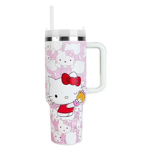 Kitty 40 Oz Stainless Steel Tumbler with Handle, Leak-Proof Lid and Straw, Insulated Water Bottle for Outdoor Cute Kitty Gifts