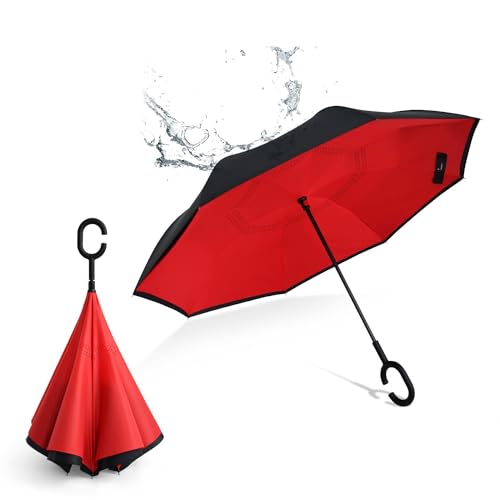 Lista de Sombrillas más recomendados. 48 MCSWKEY Paraguas Invertido, Paraguas Invertido con Doble Refuerzo, Sombrilla Reversible Resistente al Vieanto con Mango en Forma C, Protección UV (Roja)