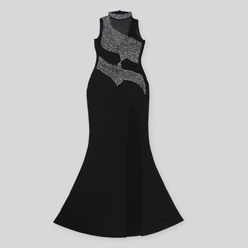 Image of Jigfar Women Sexy Elegant Rhinestone Mesh See Through Split Party Night Maxi Dress(FK3578,Black,3XL)