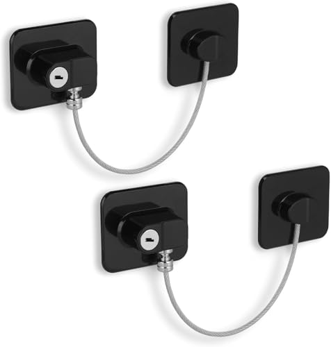 Image of Dangfly Child Safety Device Refrigerator Door Lock with 1 Key and Adhesives, Cabinet Restrictor Cable for Baby and Toddler, Lock for Cupboards, Drawers, Fridge, Wardrobe (STANDRED, 2, Count)