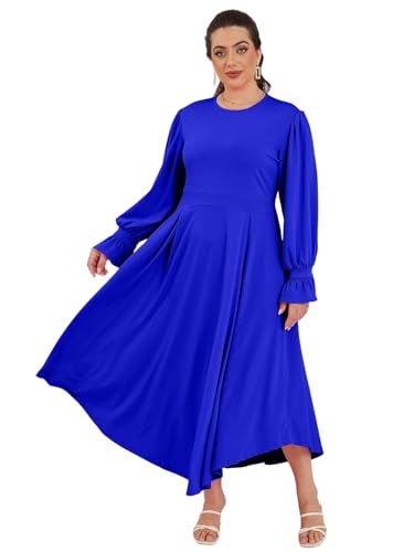 Image of Baczoe Plus Size Long Sleeve Church Dress for Curvy Women | Maxi Length, Elegant Formal Style, Flowy A-Line Shape, Two Side Pockets
