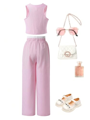 Image of Floerns Girl's 2 Piece Outfits Elegant Striped Sleeveless Suit Vest & Long Elastic Casual Pants Set