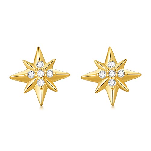 MUUYON 14K Real Gold Diamond Star Stud Earrings, Real Yellow