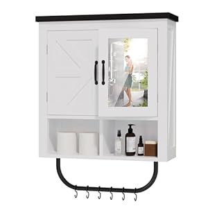 Medicine Cabinet Mirror and Adjustable Shelf Farmhouse Bathroom Wall Cabinet with Mirror Towel Bar and 6pcs Hooks Floating Storage Cabinet for Bathroom Kitchen Hallway