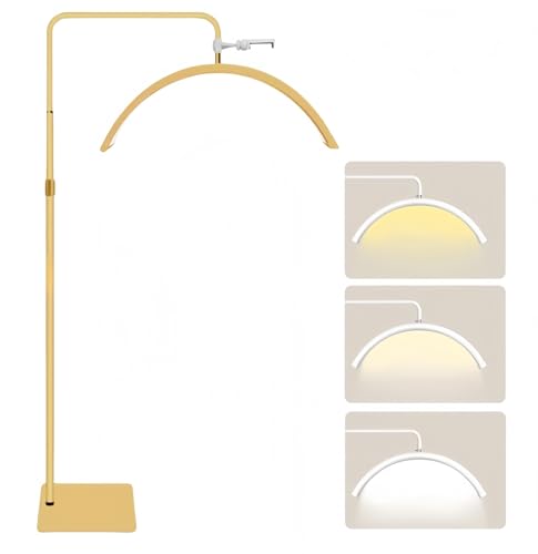 Half Moon Lamp, Arch Floor Lamp with Button/Remote Control, Dimmable LED Standing Lamp, Adjustable Height, Rotatable Head & Phone Holder, for Nail Tech, Lash, Tattoo Beauty Light (Gold)