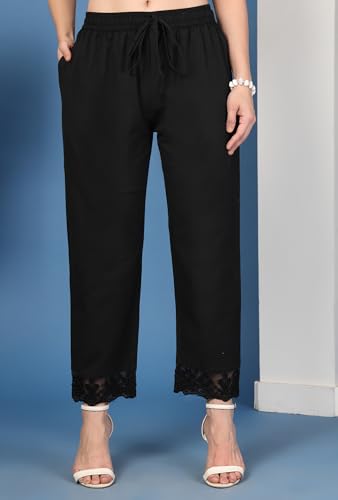 Image of Pistaa's Women's Pure Cotton Regular Hem Design Solid Palazzos