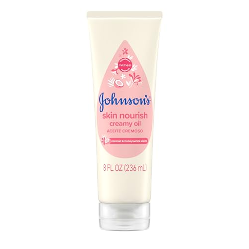 Johnson’s Skin Nourish Creamy Baby Oil for Dry Skin with Coconut & Honeysuckle Scent, Rich & Creamy Baby Body Oil Moisturizes for 24 Hours & Helps Prevent Dryness, Hypoallergenic, 8 fl. oz