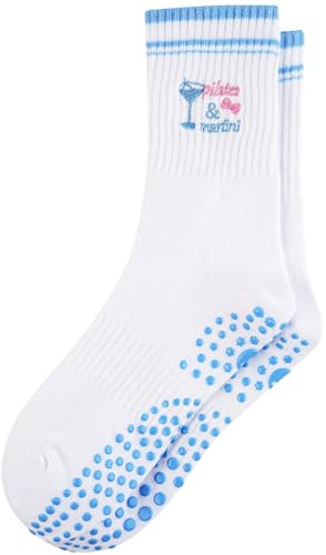 floconssy Pilates Socks for Women, White Grip Yoga Crew Non Slip Embroidery Socks for Barre Workout Hospital Slipper Blue