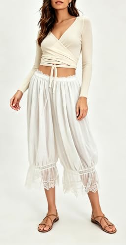 Image of UAURORAO Women Lace Trim Bloomer Pants Flowy Culottes Pantaloons Bloomers