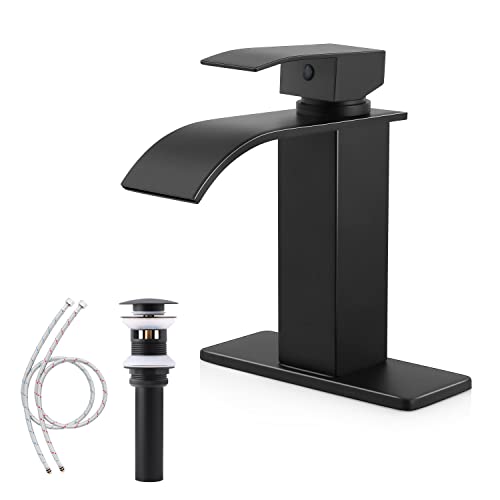 Image of Herogo Bathroom Faucet with Sink Drain, Matte Black Single Handle Waterfall Bathroom Sink Faucet with Water Supply Hoses for 1 Hole or 3 Holes, Stainless Steel, for Vanity RV Lavatory