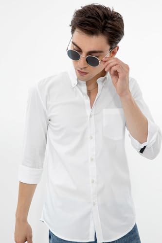 Image of SNITCH Men Casual Shirt | Slim Fit Full Sleeve Button-Down Collar Solid Design | Premium Cotton Fabric & Breathable Material for College & Casual Wear ||Rich Eggshell White