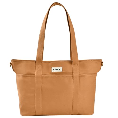 BÉABA Bolsa Cambiador Bebé Madrid 22L – Bolso de Pañales Grande Tipo Tote, Mochila de Maternidad Unisex Mamá y Papá, 11 Bolsillos, Bolsillo Térmico, Enganche para Carrito, Cambiador Acolchado-Ocre