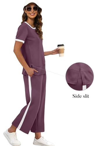 Image of XIEERDUO Women's Side Slit Lounge Sets 2026 Fashion 2 Piece Travel Outfits Cozy Loungewear Wide Leg Tracksuits S-3XL