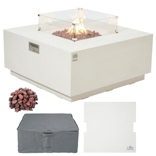 Image of AMS 48 inch Square Concrete GFRC Propane Gas Fire Pit Table Bundle, Cream White
