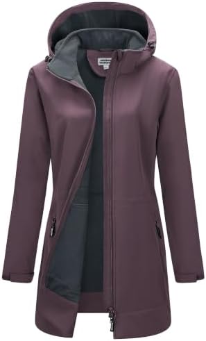 Outdoor Ventures Damen Softshelljacke Wasserdichte Lange Softshellmantel | Fleece Gefütterte Übergangsjacke, Winddichte Windbreaker, 2-Wege Reißverschluss Winterjacke, Regenjacke,