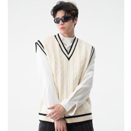 Vintage V-Neck Turtleneck Vest for Men, Retro College Style, Cable Knitted Sweater, Solid Color Sleeveless Pullover for Fall/Winter(XXL, White)3