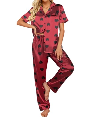 Image of Ekouaer 2 Piece Satin Short Sleeve Pajamas Set Button Down Sleepwear | Soft Pjs Set Classic Loungewear for Wedding, Party, Home, Daily Wear, Date Nights